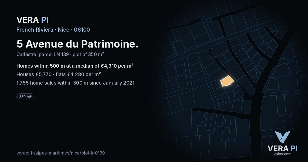5 Avenue du Patrimoine, Nice at night – the plot lit, the parcels around coloured by the prices near them