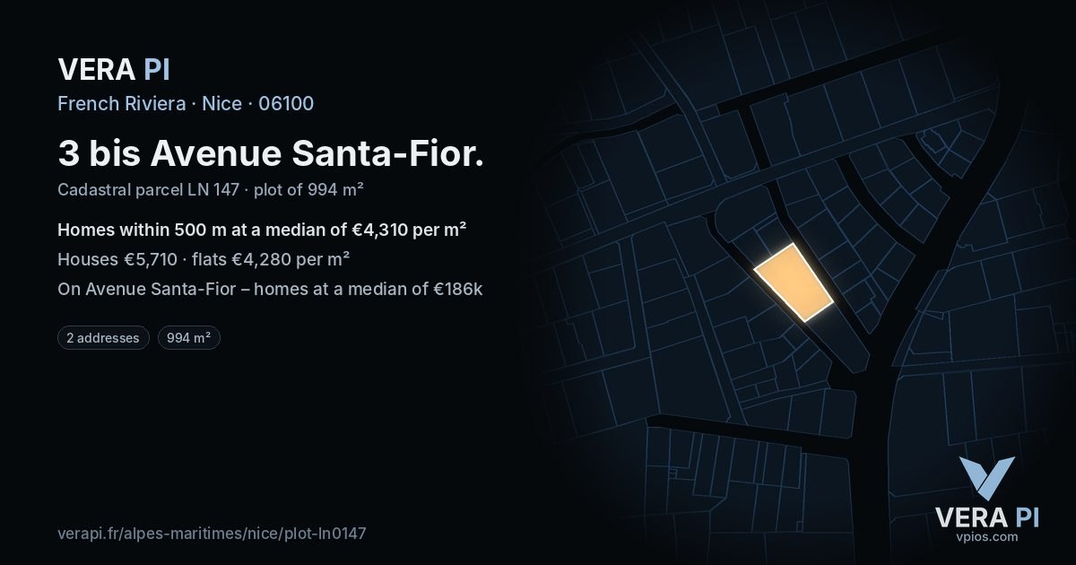 3 bis Avenue Santa-Fior, Nice at night – the plot lit, the parcels around coloured by the prices near them