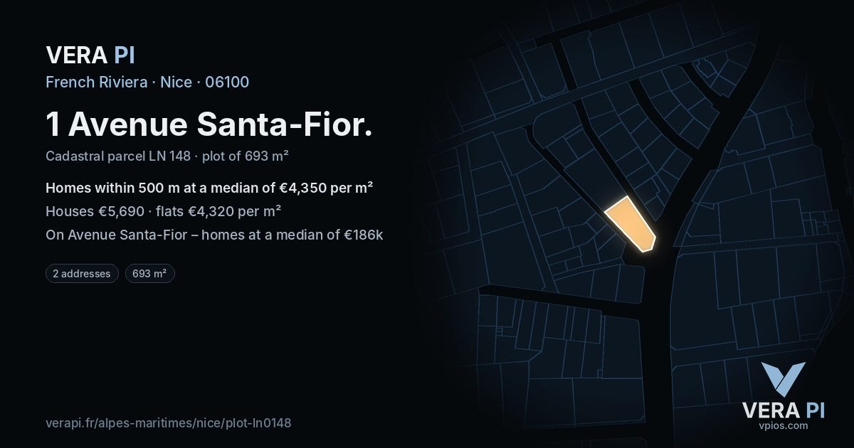 1 Avenue Santa-Fior, Nice at night – the plot lit, the parcels around coloured by the prices near them