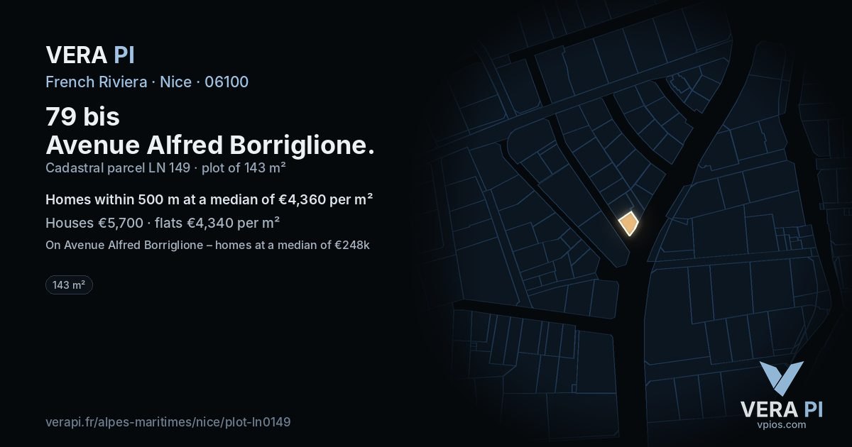 79 bis Avenue Alfred Borriglione, Nice at night – the plot lit, the parcels around coloured by the prices near them