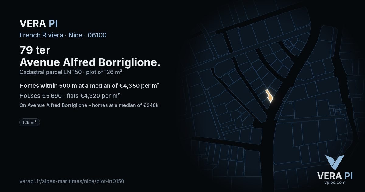79 ter Avenue Alfred Borriglione, Nice at night – the plot lit, the parcels around coloured by the prices near them