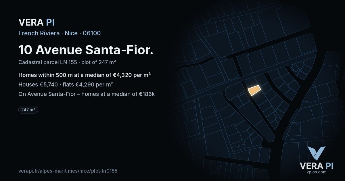 10 Avenue Santa-Fior, Nice at night – the plot lit, the parcels around coloured by the prices near them