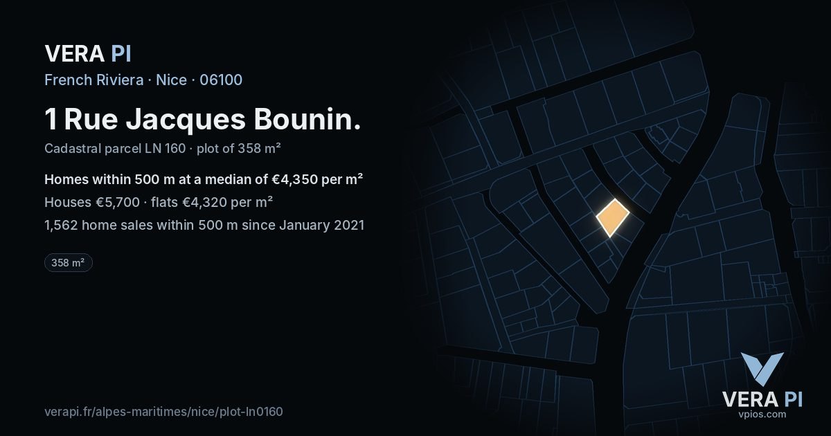 1 Rue Jacques Bounin, Nice at night – the plot lit, the parcels around coloured by the prices near them