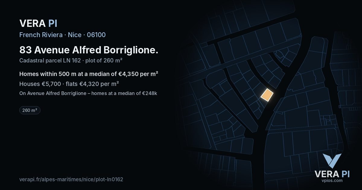 83 Avenue Alfred Borriglione, Nice at night – the plot lit, the parcels around coloured by the prices near them
