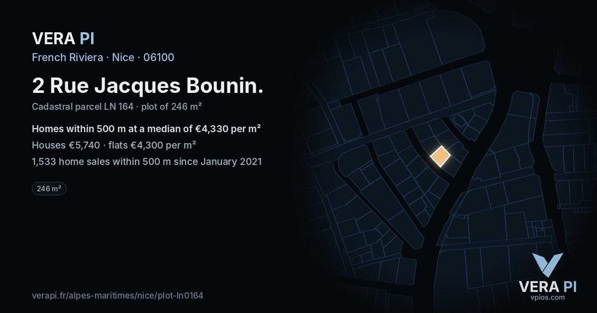2 Rue Jacques Bounin, Nice at night – the plot lit, the parcels around coloured by the prices near them