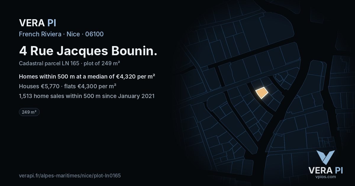 4 Rue Jacques Bounin, Nice at night – the plot lit, the parcels around coloured by the prices near them