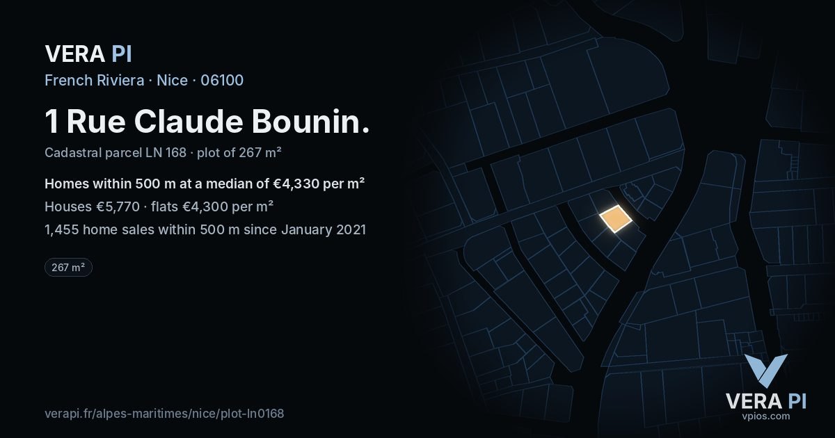1 Rue Claude Bounin, Nice at night – the plot lit, the parcels around coloured by the prices near them