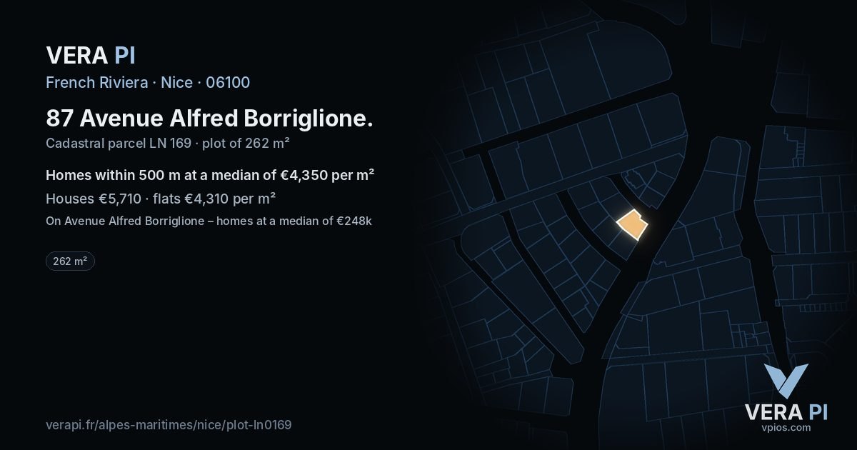 87 Avenue Alfred Borriglione, Nice at night – the plot lit, the parcels around coloured by the prices near them