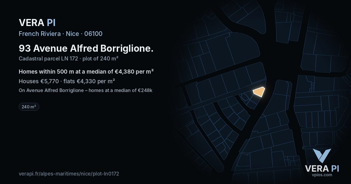 93 Avenue Alfred Borriglione, Nice at night – the plot lit, the parcels around coloured by the prices near them