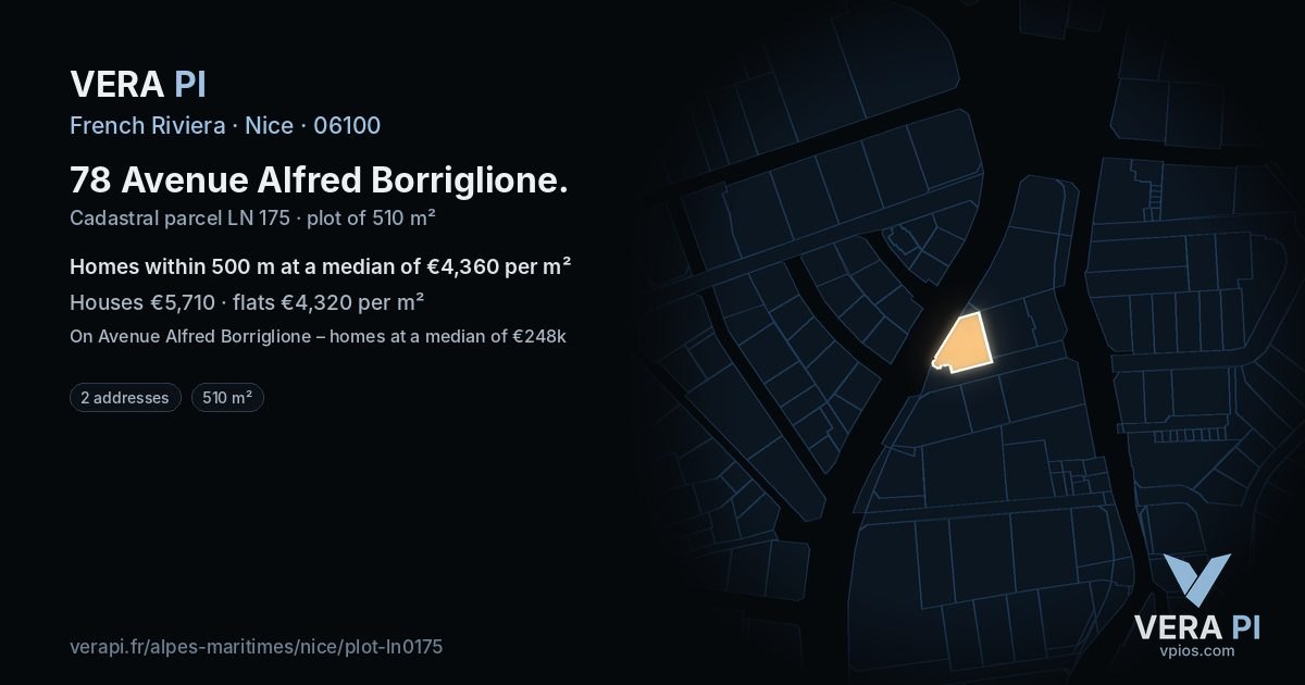 78 Avenue Alfred Borriglione, Nice at night – the plot lit, the parcels around coloured by the prices near them