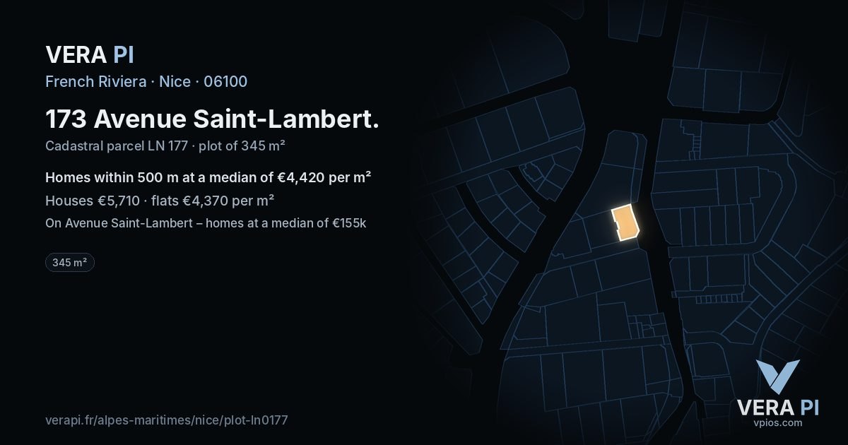 173 Avenue Saint-Lambert, Nice at night – the plot lit, the parcels around coloured by the prices near them