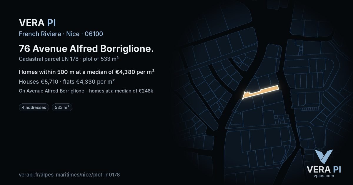76 Avenue Alfred Borriglione, Nice at night – the plot lit, the parcels around coloured by the prices near them