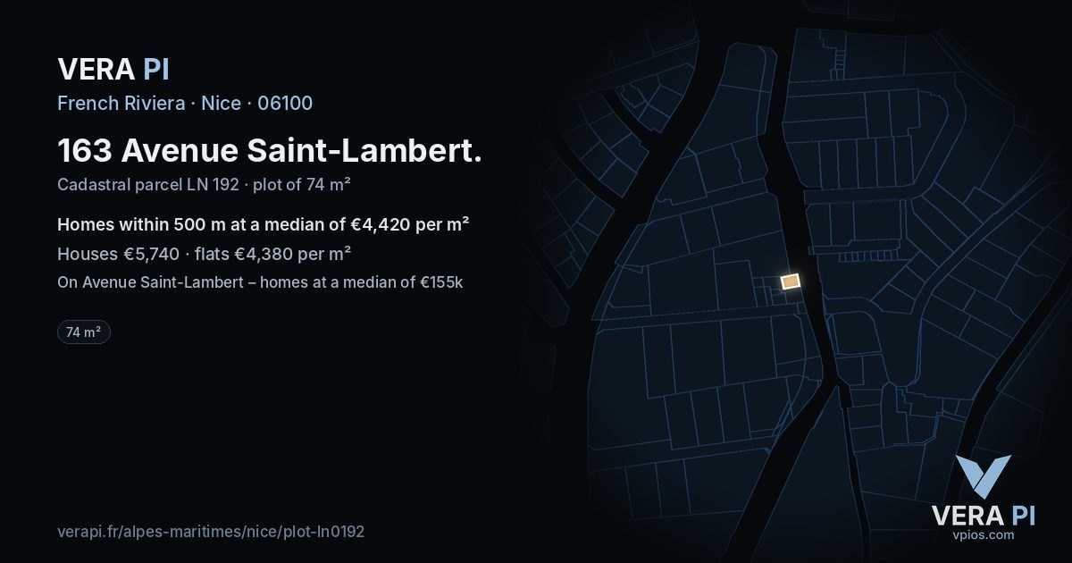 163 Avenue Saint-Lambert, Nice at night – the plot lit, the parcels around coloured by the prices near them