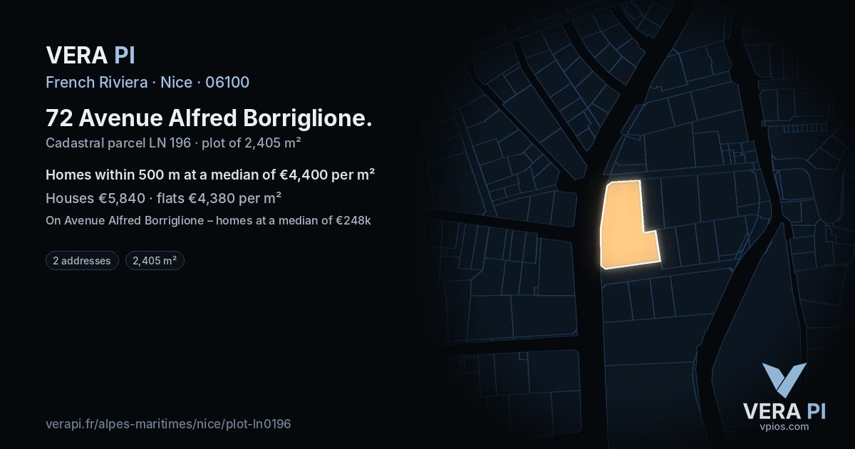 72 Avenue Alfred Borriglione, Nice at night – the plot lit, the parcels around coloured by the prices near them