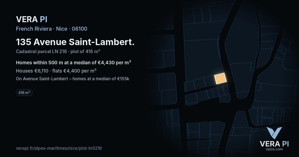 135 Avenue Saint-Lambert, Nice at night – the plot lit, the parcels around coloured by the prices near them