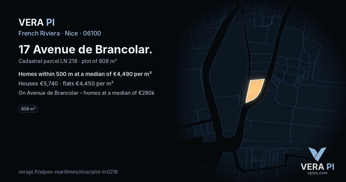 17 Avenue de Brancolar, Nice at night – the plot lit, the parcels around coloured by the prices near them