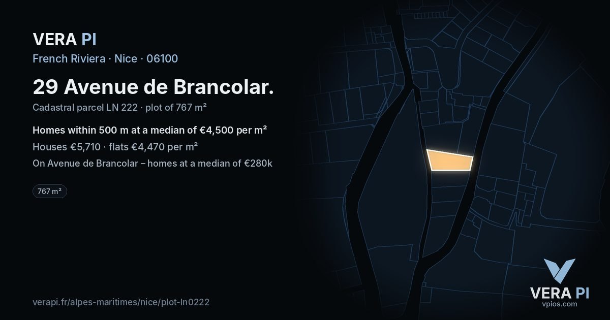 29 Avenue de Brancolar, Nice at night – the plot lit, the parcels around coloured by the prices near them