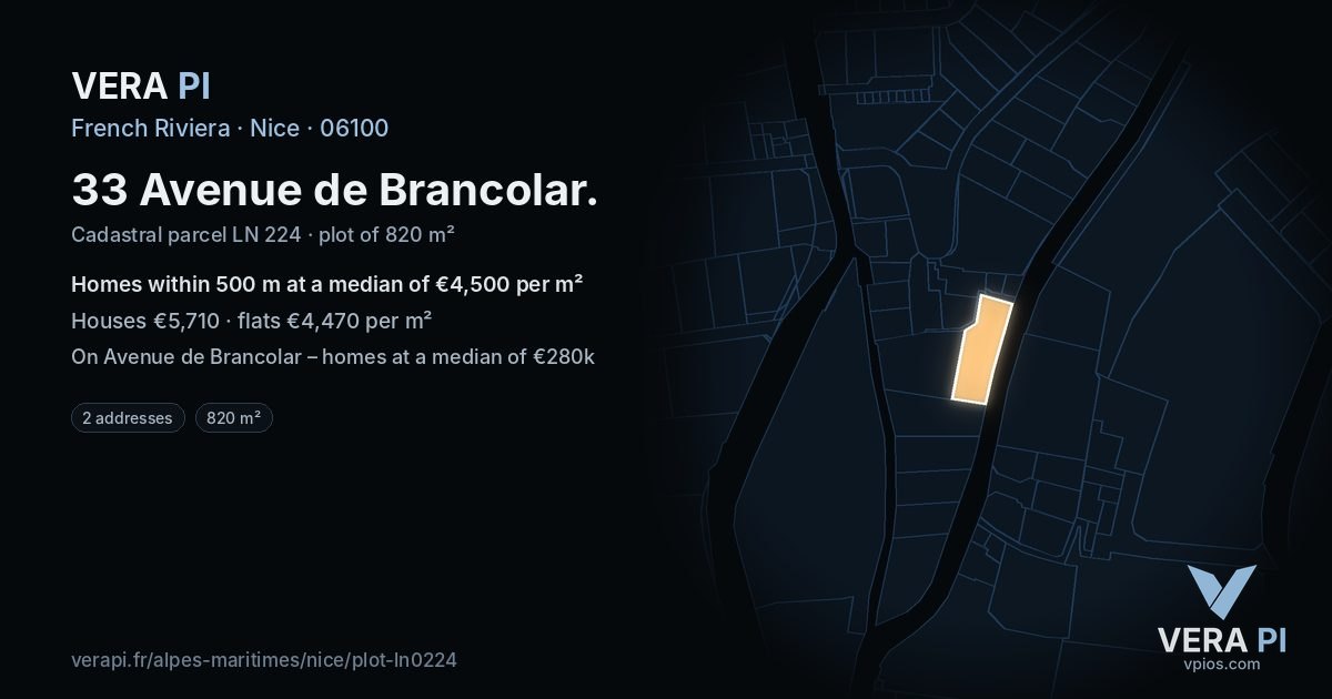 33 Avenue de Brancolar, Nice at night – the plot lit, the parcels around coloured by the prices near them