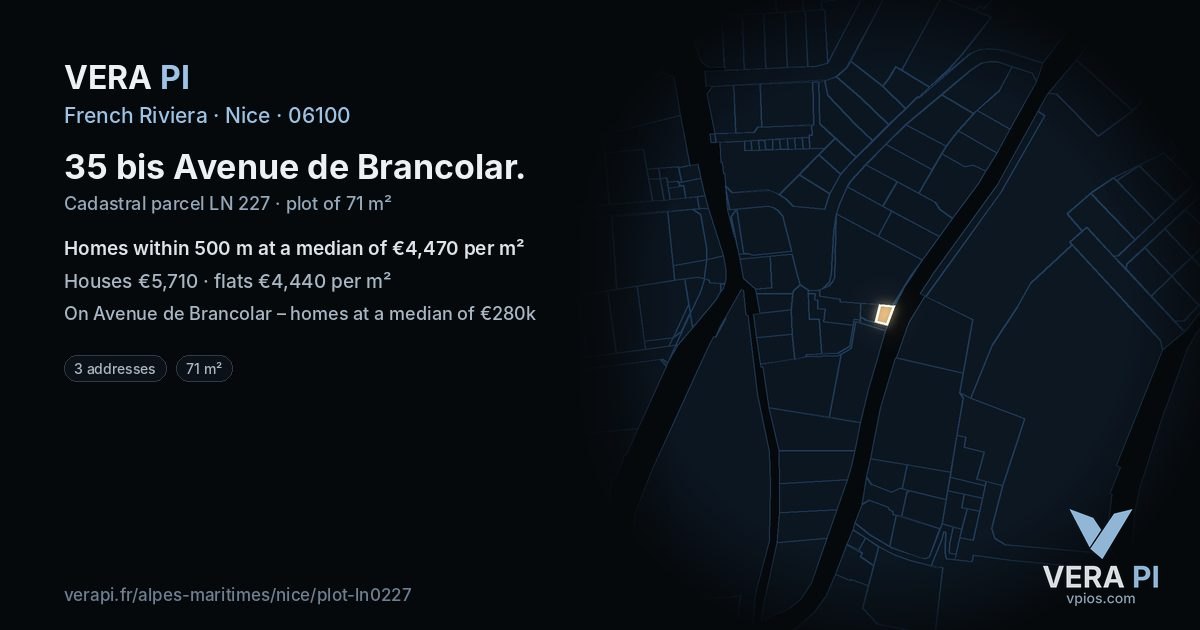 35 bis Avenue de Brancolar, Nice at night – the plot lit, the parcels around coloured by the prices near them