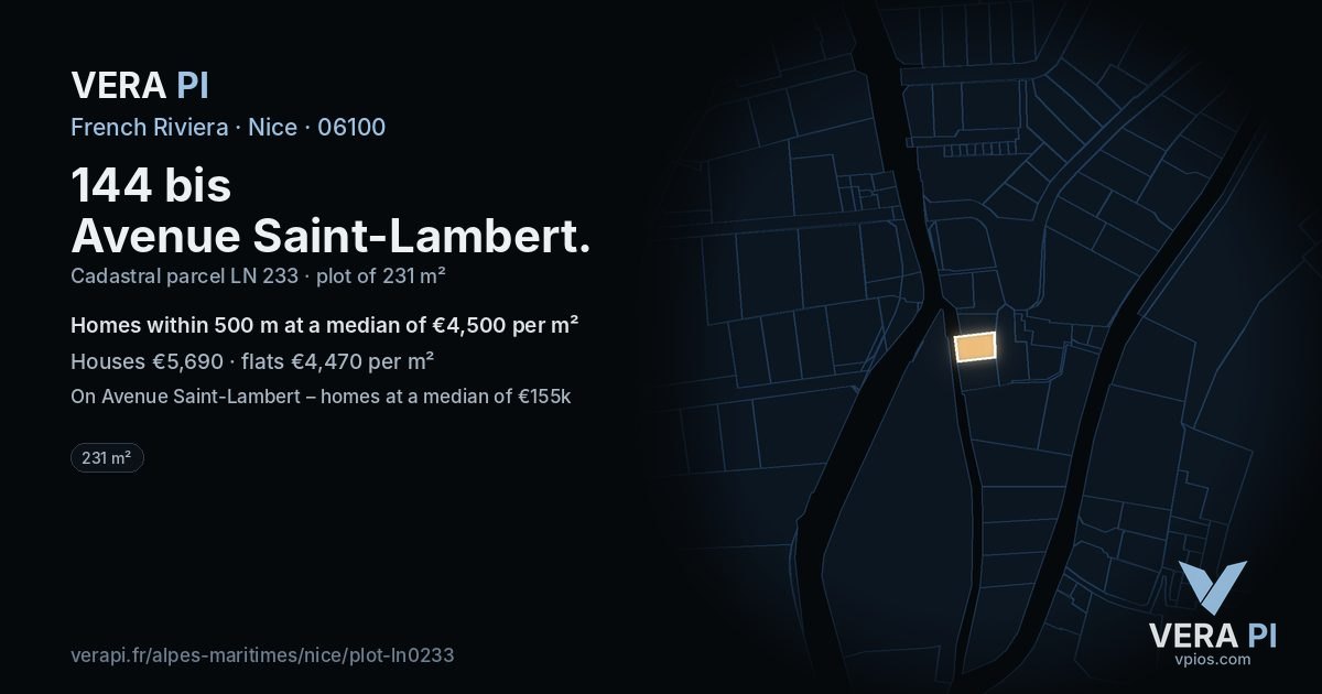 144 bis Avenue Saint-Lambert, Nice at night – the plot lit, the parcels around coloured by the prices near them