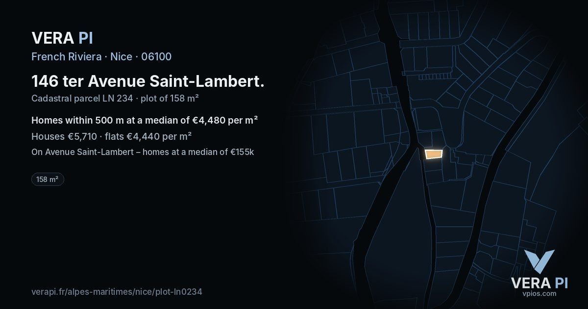 146 ter Avenue Saint-Lambert, Nice at night – the plot lit, the parcels around coloured by the prices near them