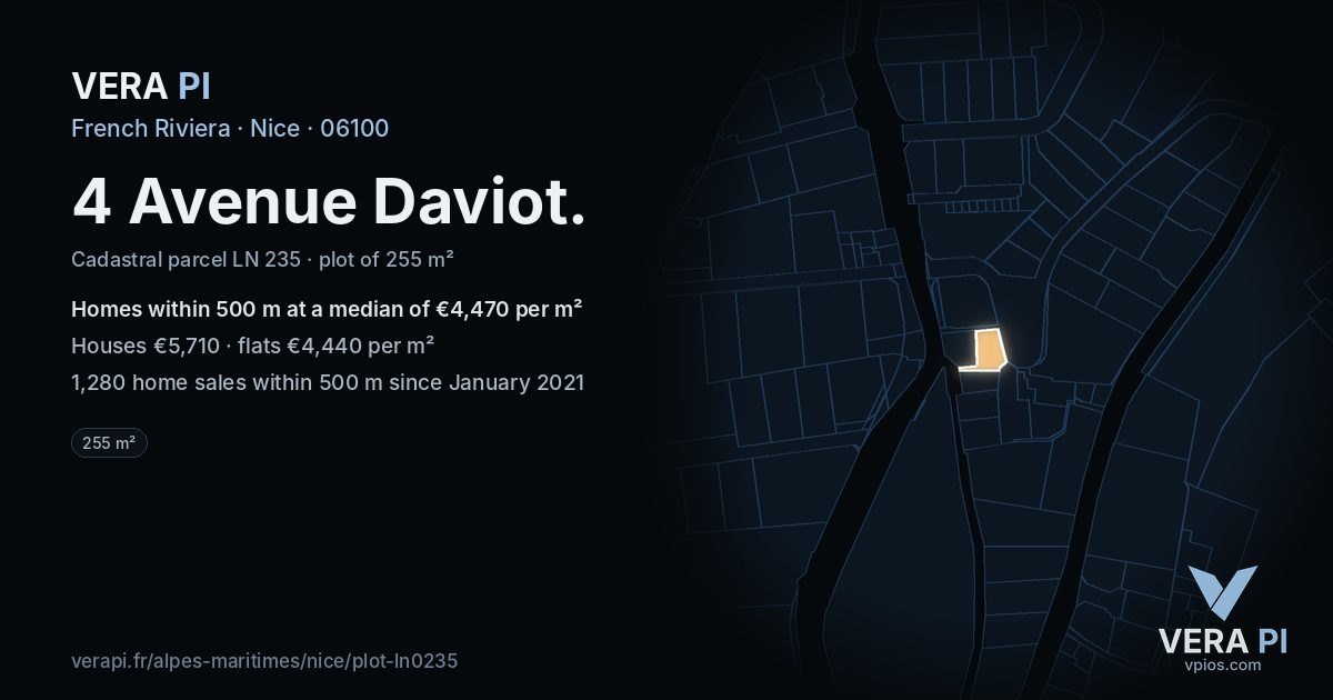 4 Avenue Daviot, Nice at night – the plot lit, the parcels around coloured by the prices near them