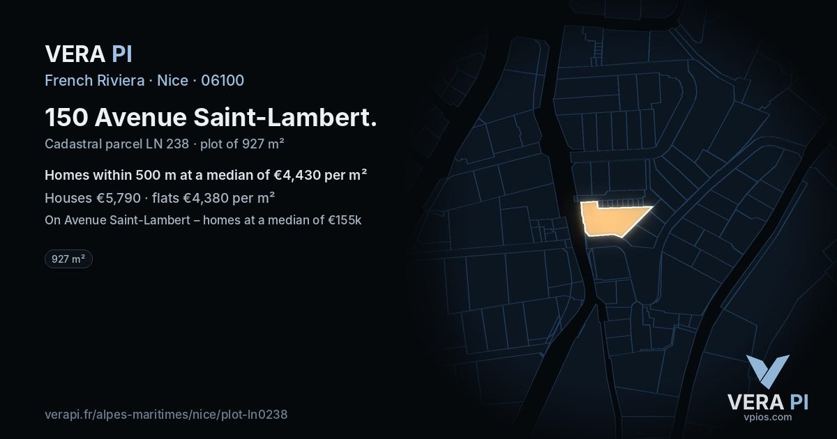 150 Avenue Saint-Lambert, Nice at night – the plot lit, the parcels around coloured by the prices near them