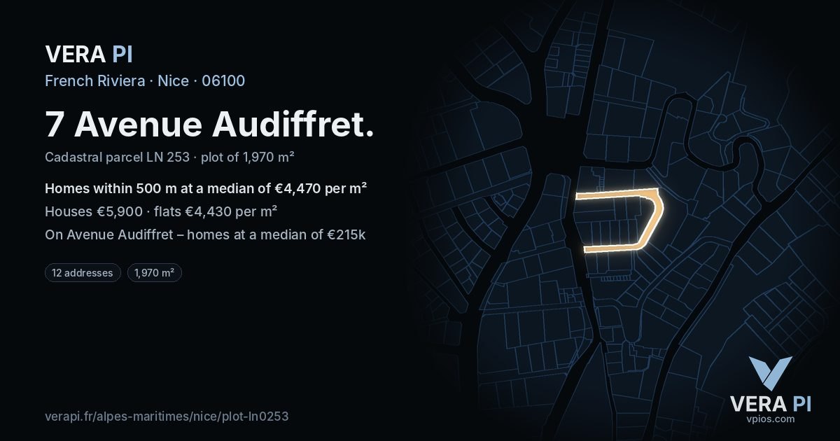 7 Avenue Audiffret, Nice at night – the plot lit, the parcels around coloured by the prices near them