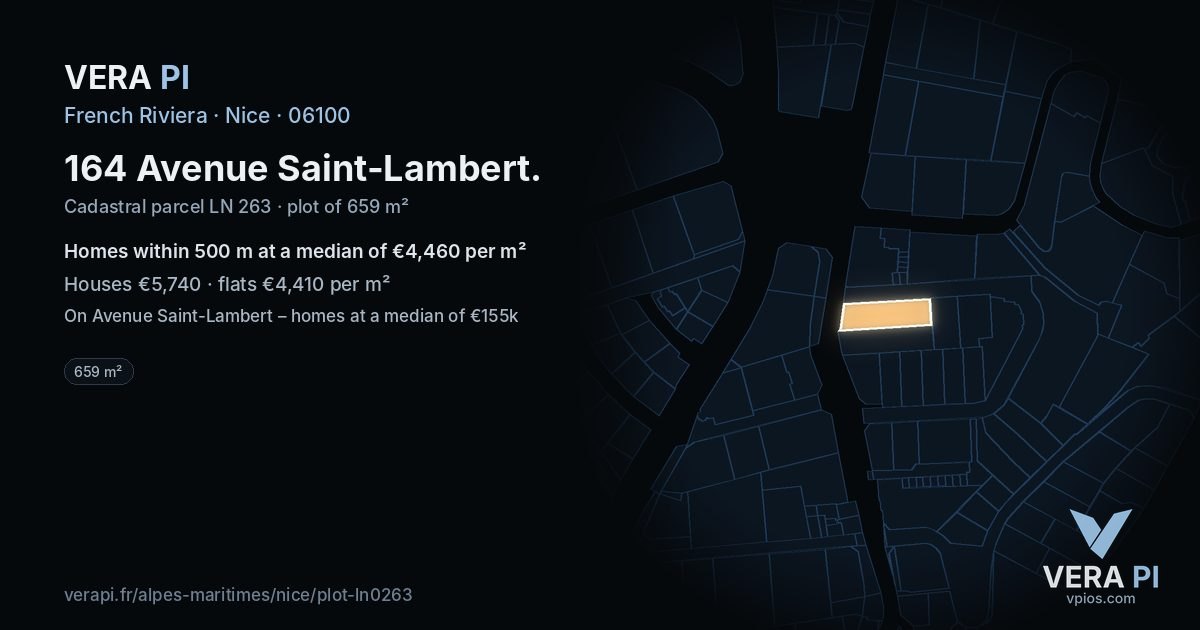 164 Avenue Saint-Lambert, Nice at night – the plot lit, the parcels around coloured by the prices near them