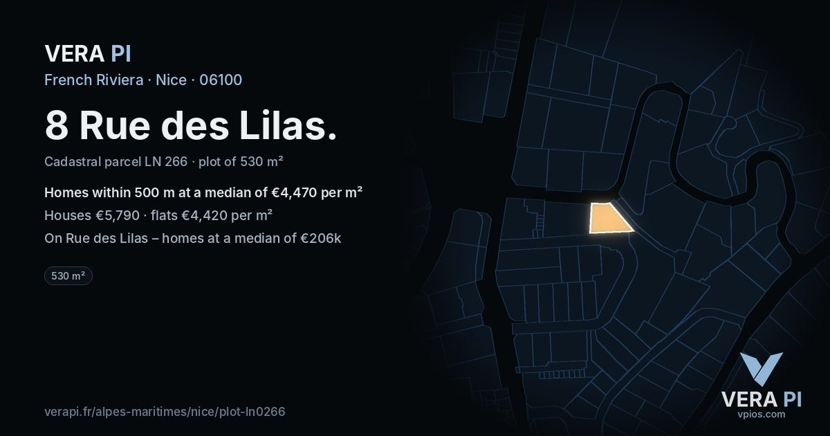 8 Rue des Lilas, Nice at night – the plot lit, the parcels around coloured by the prices near them