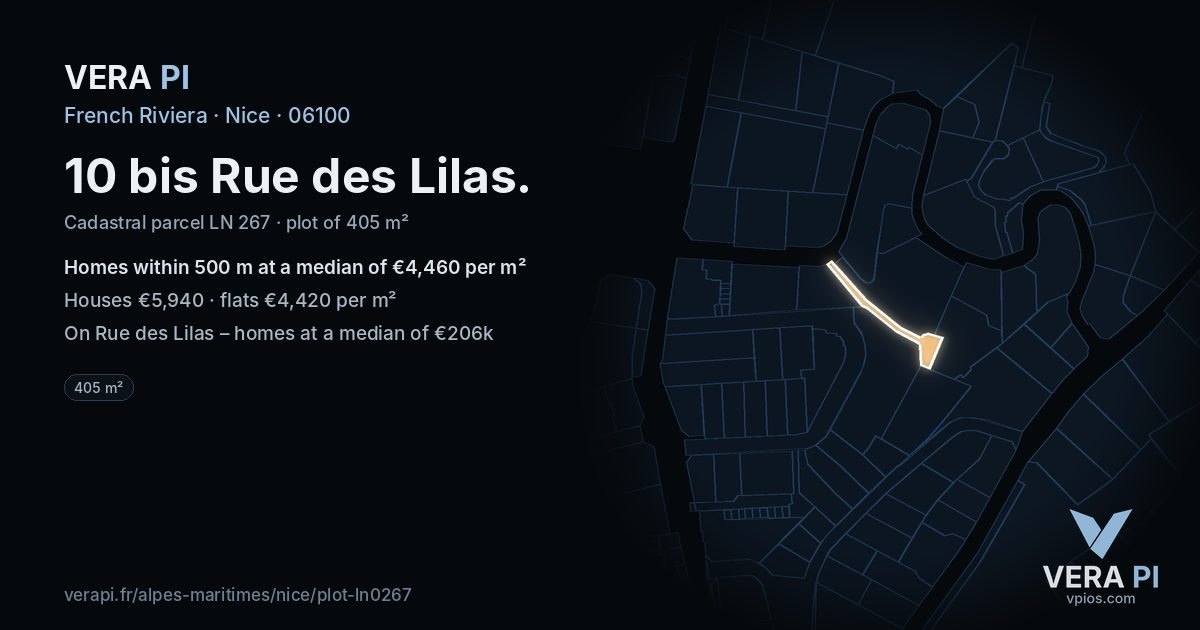 10 bis Rue des Lilas, Nice at night – the plot lit, the parcels around coloured by the prices near them
