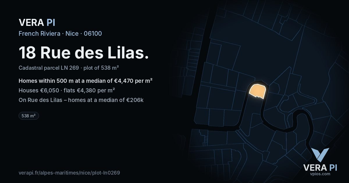 18 Rue des Lilas, Nice at night – the plot lit, the parcels around coloured by the prices near them
