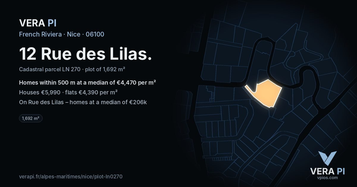 12 Rue des Lilas, Nice at night – the plot lit, the parcels around coloured by the prices near them