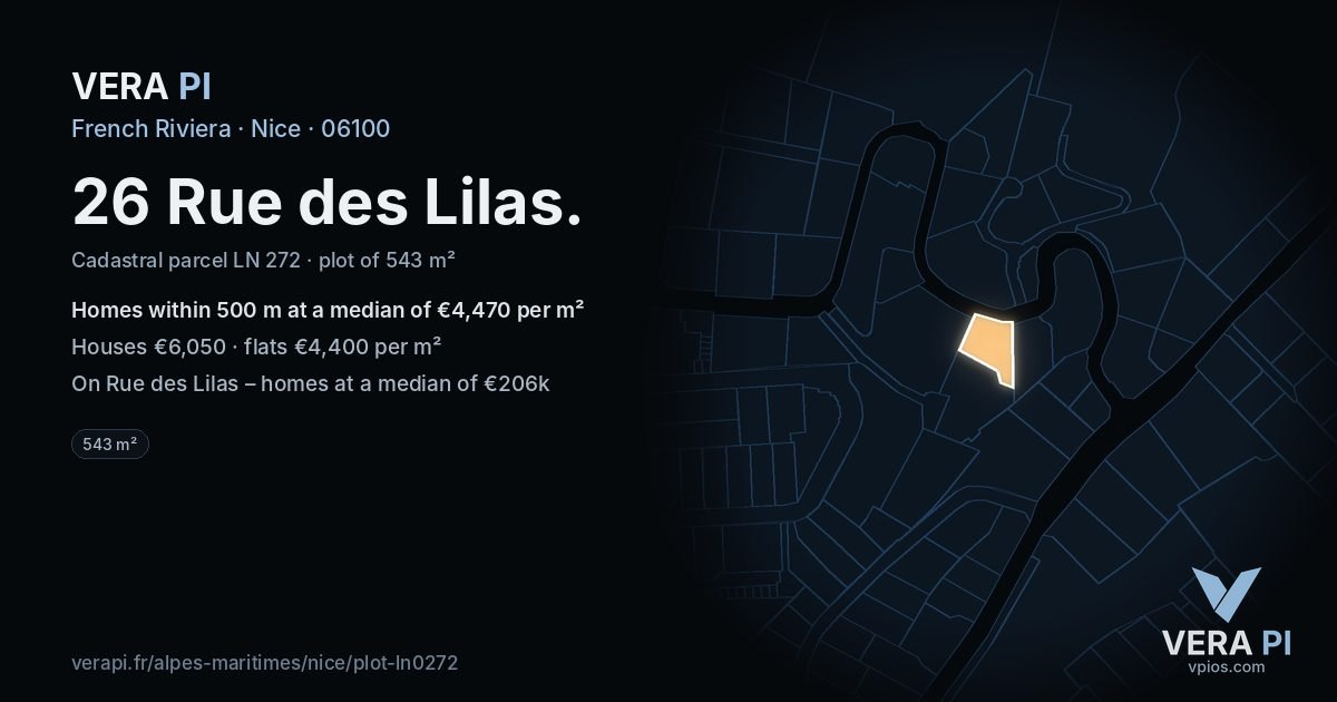 26 Rue des Lilas, Nice at night – the plot lit, the parcels around coloured by the prices near them