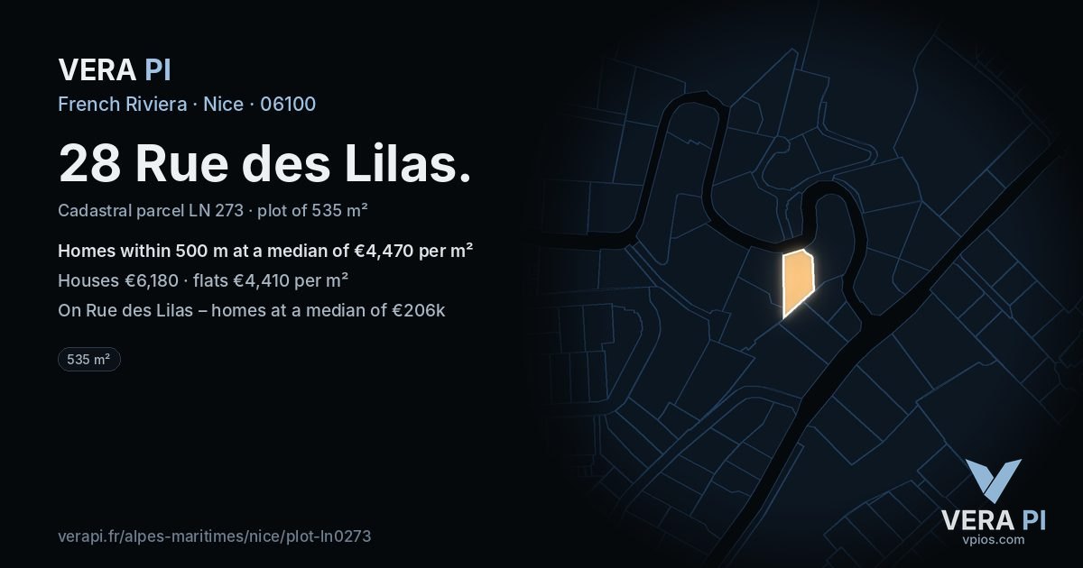28 Rue des Lilas, Nice at night – the plot lit, the parcels around coloured by the prices near them