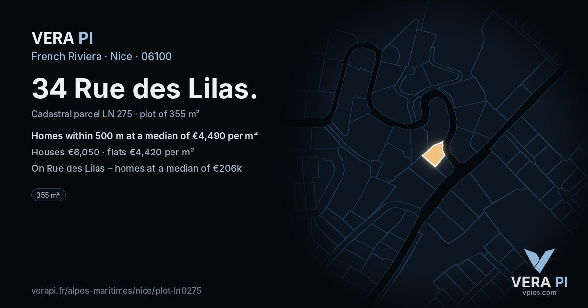 34 Rue des Lilas, Nice at night – the plot lit, the parcels around coloured by the prices near them