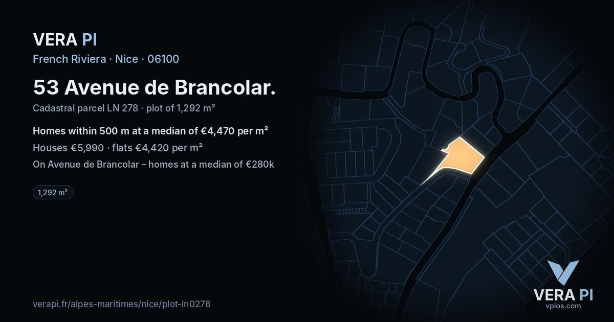 53 Avenue de Brancolar, Nice at night – the plot lit, the parcels around coloured by the prices near them