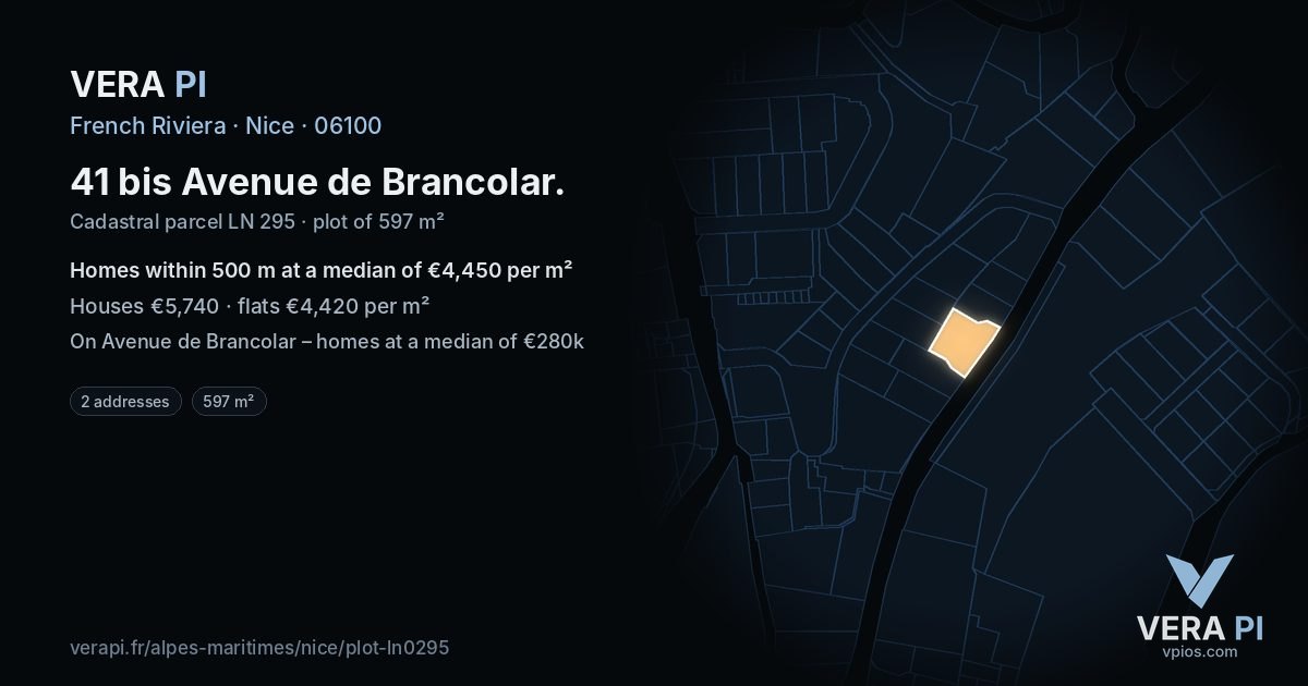 41 bis Avenue de Brancolar, Nice at night – the plot lit, the parcels around coloured by the prices near them