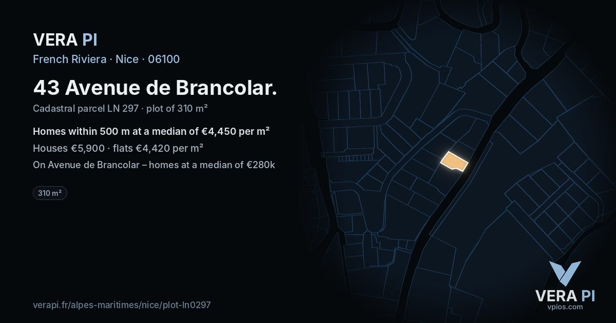 43 Avenue de Brancolar, Nice at night – the plot lit, the parcels around coloured by the prices near them