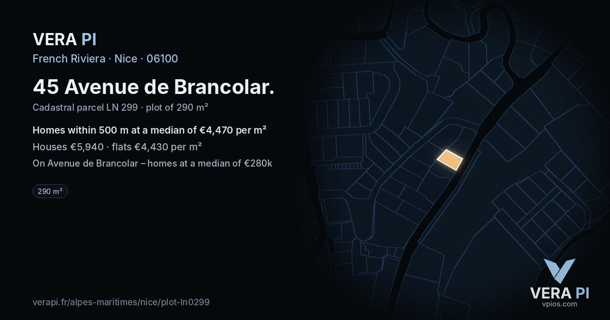 45 Avenue de Brancolar, Nice at night – the plot lit, the parcels around coloured by the prices near them