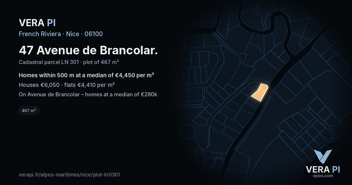 47 Avenue de Brancolar, Nice at night – the plot lit, the parcels around coloured by the prices near them