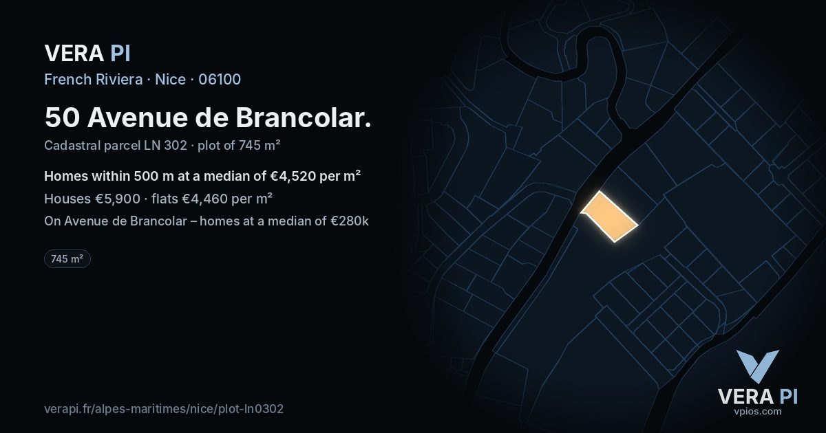 50 Avenue de Brancolar, Nice at night – the plot lit, the parcels around coloured by the prices near them