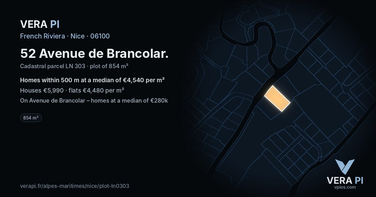 52 Avenue de Brancolar, Nice at night – the plot lit, the parcels around coloured by the prices near them