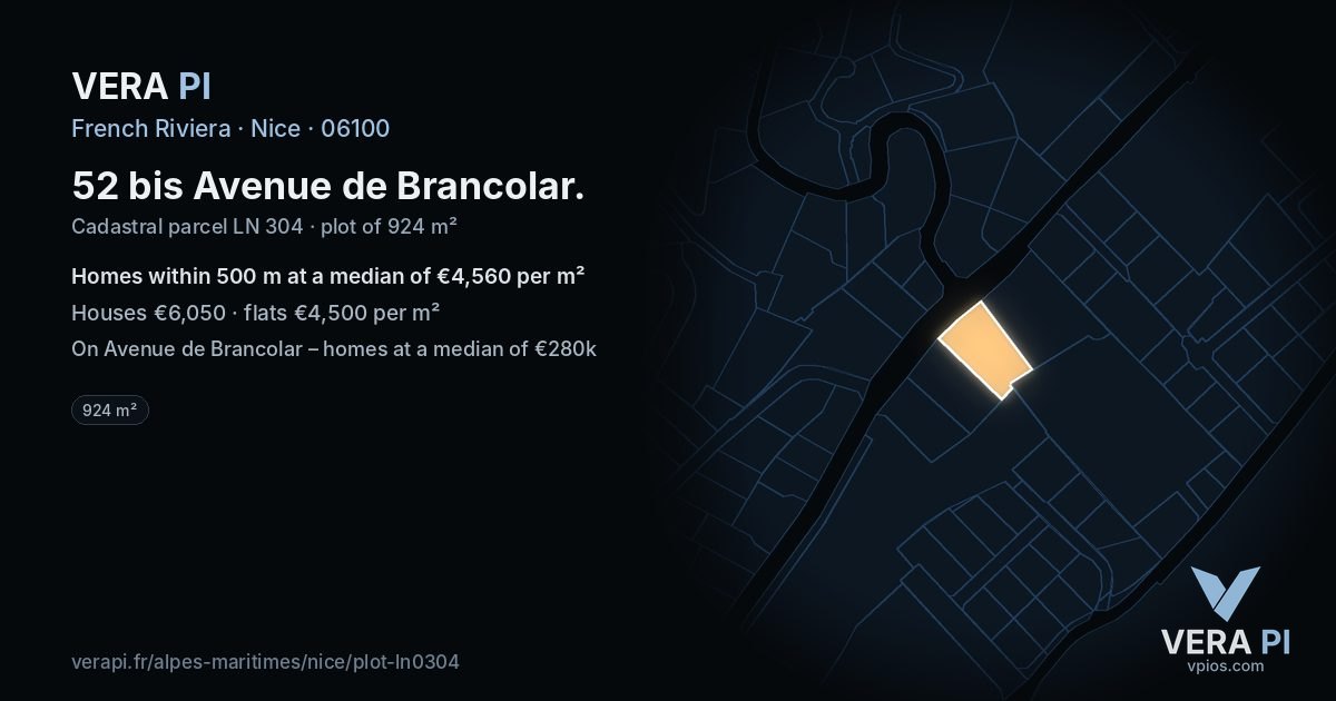 52 bis Avenue de Brancolar, Nice at night – the plot lit, the parcels around coloured by the prices near them