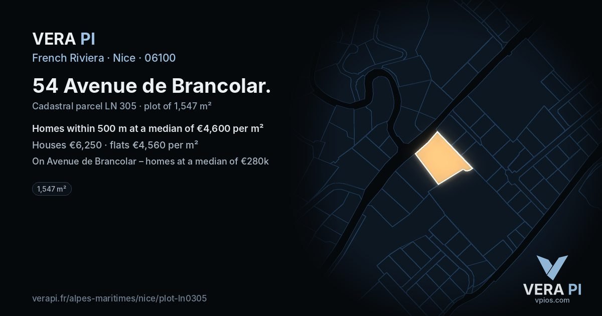 54 Avenue de Brancolar, Nice at night – the plot lit, the parcels around coloured by the prices near them