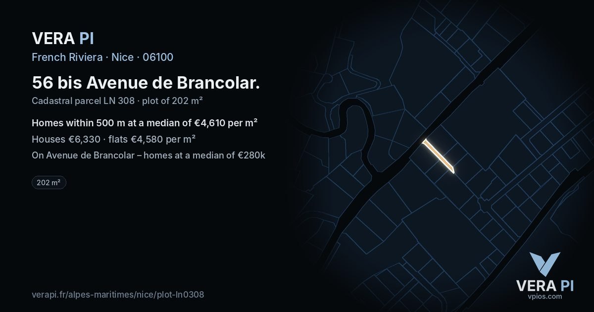 56 bis Avenue de Brancolar, Nice at night – the plot lit, the parcels around coloured by the prices near them