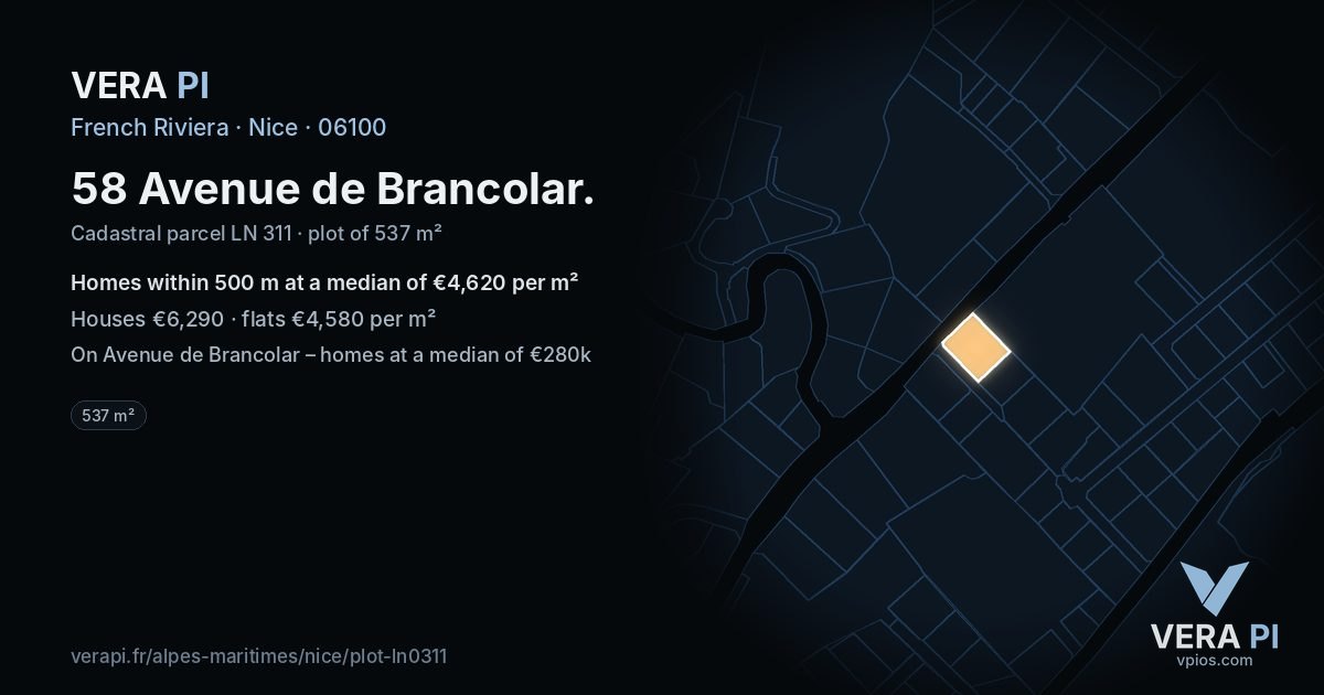 58 Avenue de Brancolar, Nice at night – the plot lit, the parcels around coloured by the prices near them