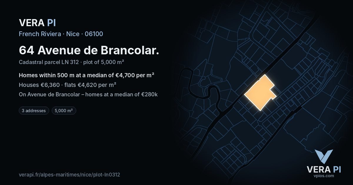 64 Avenue de Brancolar, Nice at night – the plot lit, the parcels around coloured by the prices near them