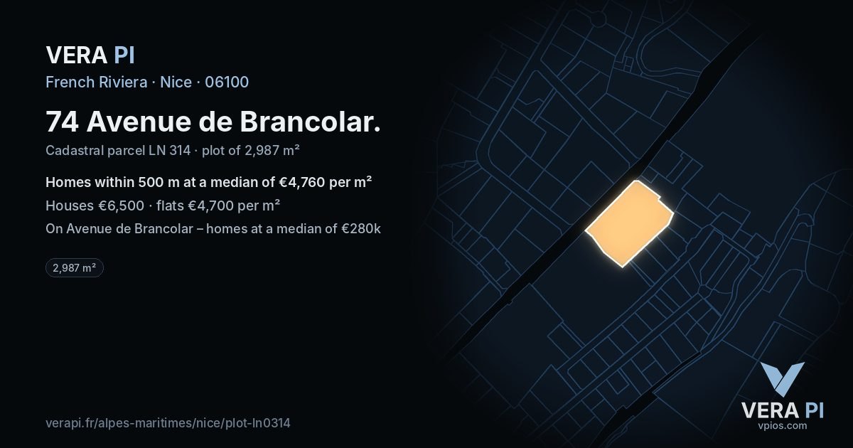 74 Avenue de Brancolar, Nice at night – the plot lit, the parcels around coloured by the prices near them