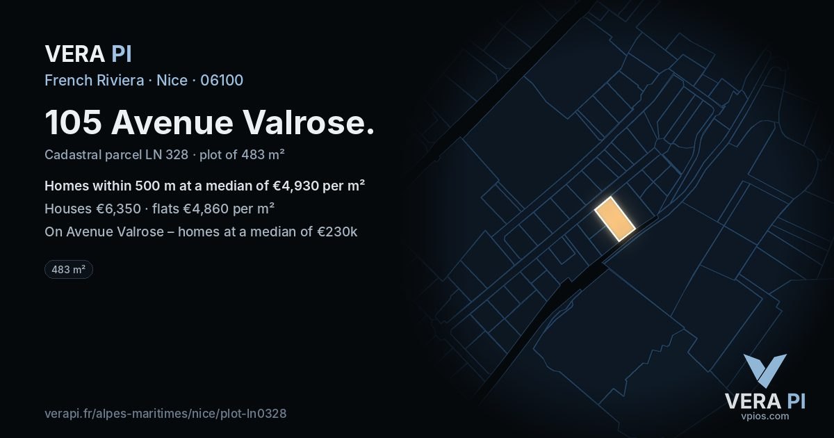 105 Avenue Valrose, Nice at night – the plot lit, the parcels around coloured by the prices near them